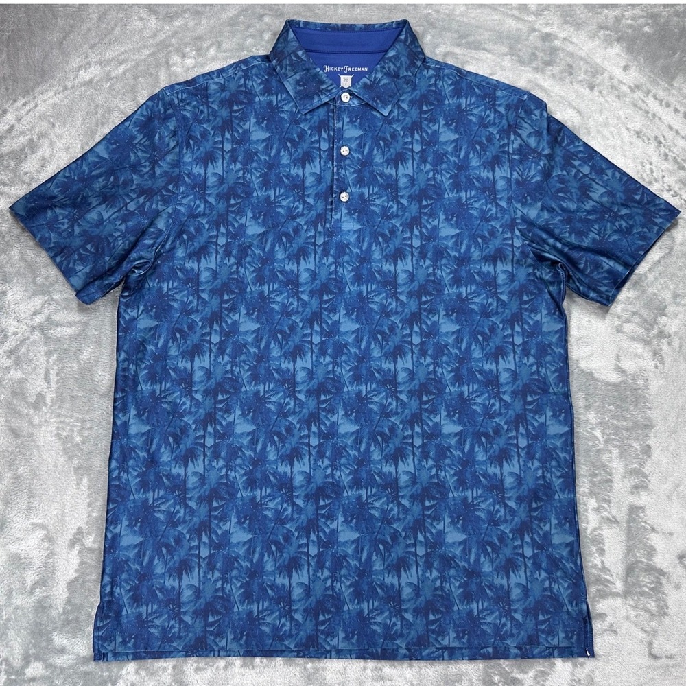 Hickey Freeman Golf Mens Blue Tropical Palm Tree Print Polo Shirt Medium‎
